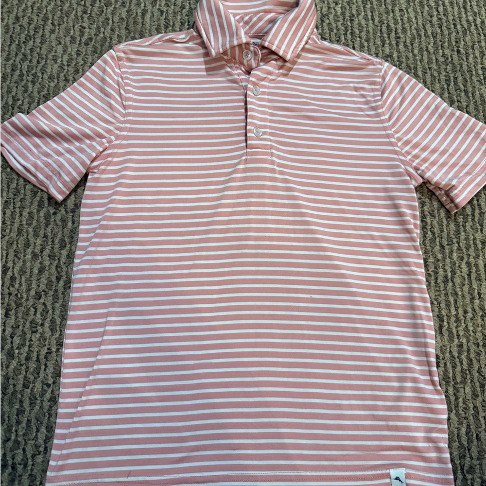 Tommy Bahama Pink and White Striped Polo